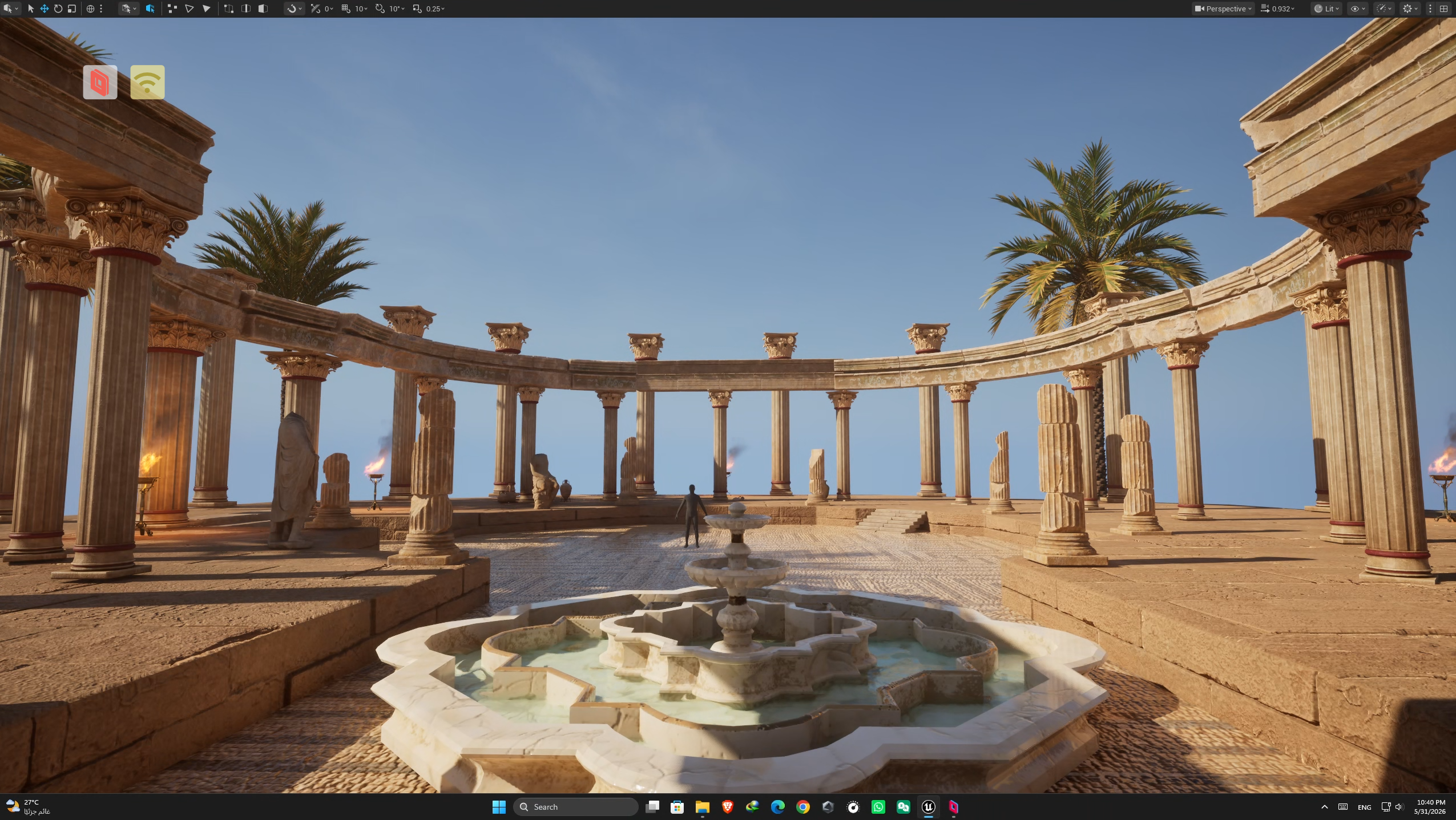 In-engine screenshot of a colonnaded courtyard with a marble fountain and palm trees, seen in the Unreal editor.