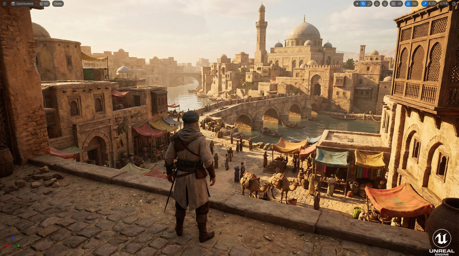 A hooded traveler looks out over a golden city of the eighth century, with a river, an arched bridge, a mosque dome and a busy market below.